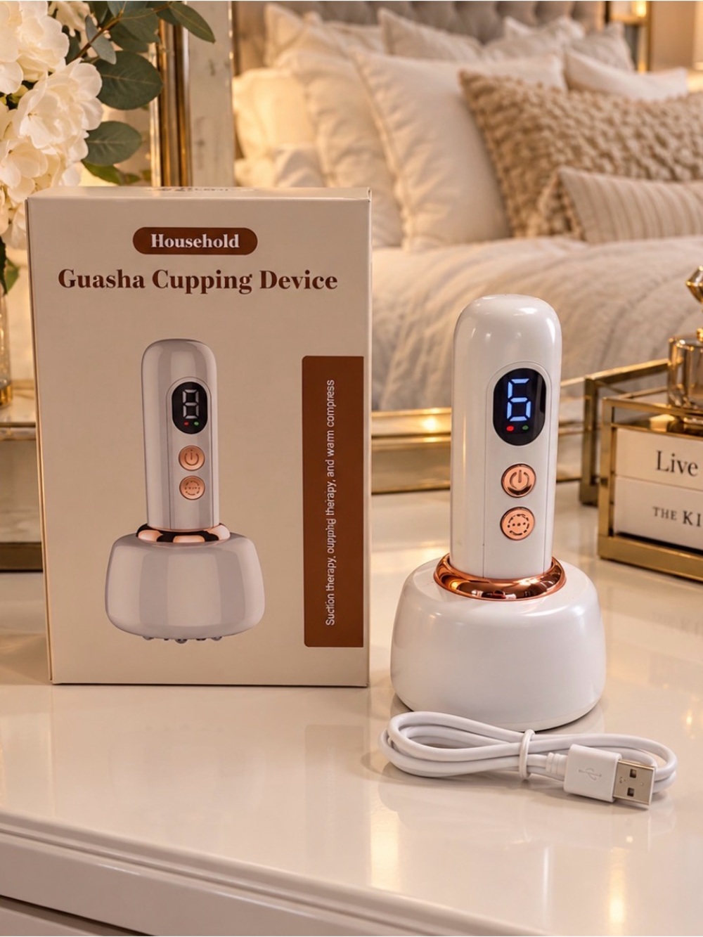White & Rose Gold Guasha Cupping Device - Rechargeable Facial Massager
